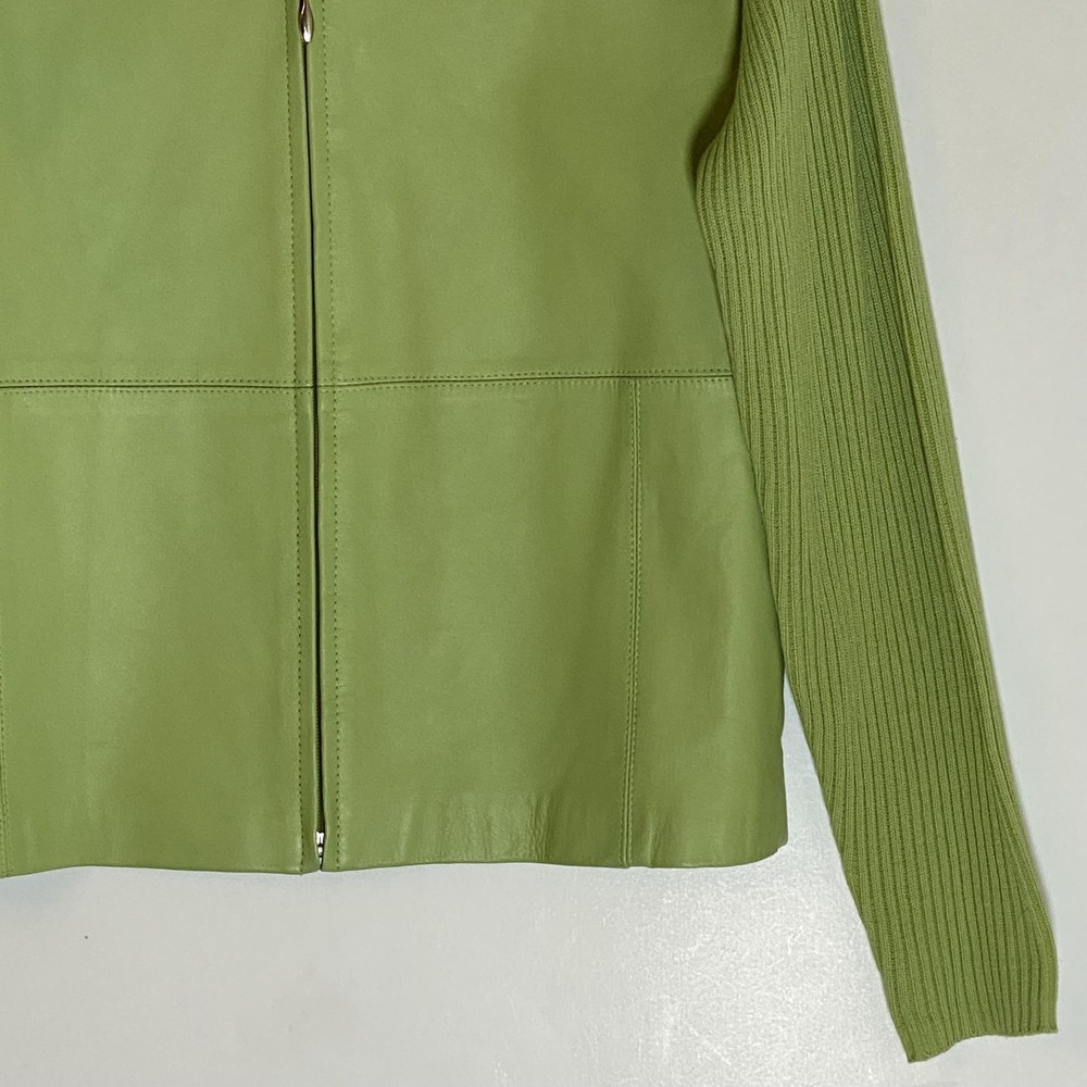 Escapade Jacket Womens Medium Green Leather Ribbed Knit Full Zip Lined - Picture 3 of 16